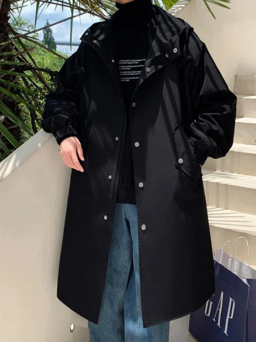 

Loose Over-Knee Bla Windbreaker Coat Men's Casual Hooded Long Coat Couple's Briti Sle Coat Thiened Autumn Winter Coat