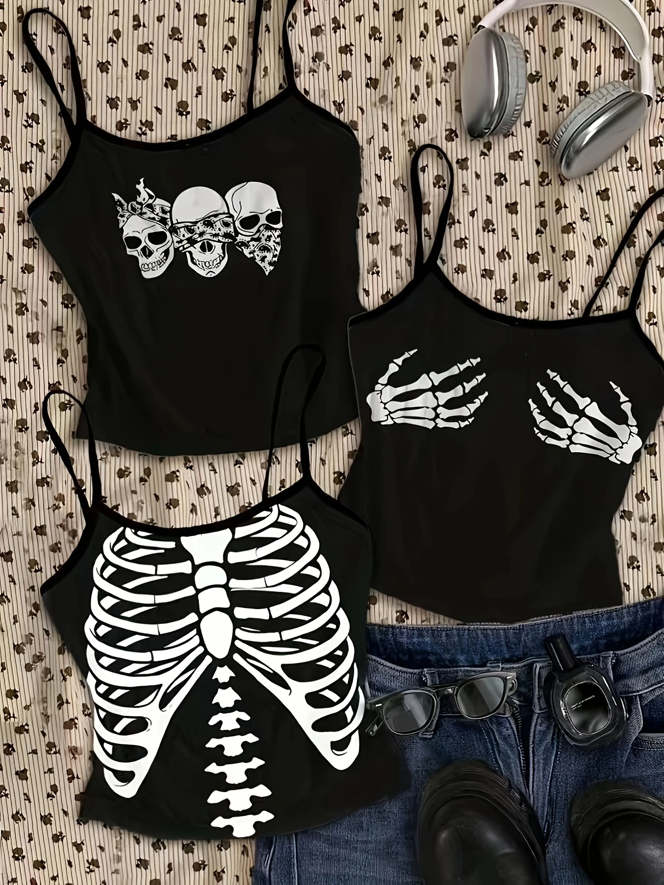 Set of Gothic Skeleton Print Camisoles for Women, Crown Skull Hand Rib Design, Stylish and Cool Slim-Fit Sleeveless Tops for Hot