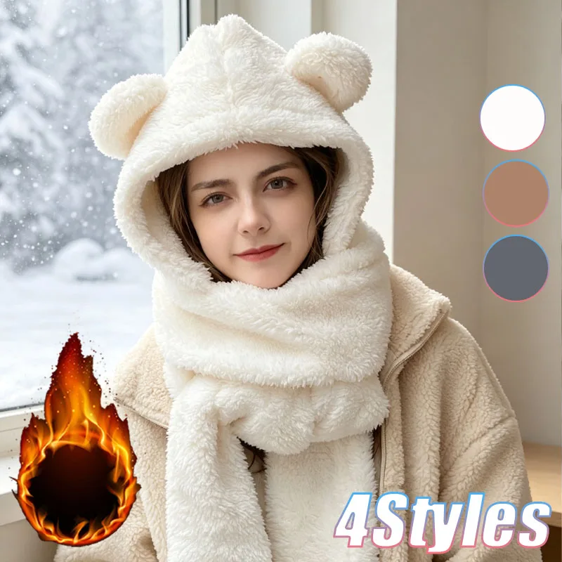 1-5PCS Winter Bear Ear Hat Scarf Gloves 3 in 1 Plush Thickened Warm Hood for Women Kawaii Outdoor Skiing Cold Weather Gift