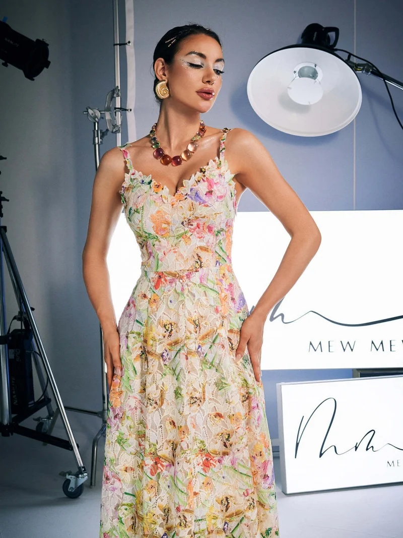 Elegant Floral Print Hollow Out Sling Dress Summer Clothing Women Sleeveless Backless Long Dresses Party A-Line Dress Robe Femme