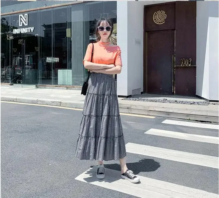 

Women Vintage Plaid Skirt Womens Elastic Waist A-line Long Skirts Female Retro Patchwork Pleated Maxi High Waist Skirt