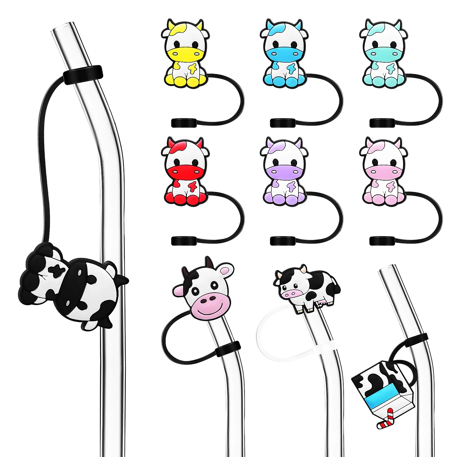 

10Pcs Silicone Straw Toppers Cute Animal Covers Dust-Proof Drink Accessories Reusable Straw Protectors for Cold Beverages Cow