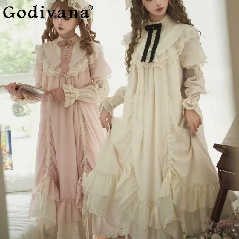Summer Lolita Multi-wear Lace Stand Collar Short Sleeve Retro Court Dress Fashion High Waist A-line Elegant Princess Dresses