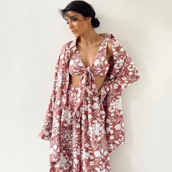 NHKDSASA Pajamas Set For Woman 2023 Autumn Underwear Three Piece Floral Sleepwear Printed Loose Fashionable Women's Home Clothes