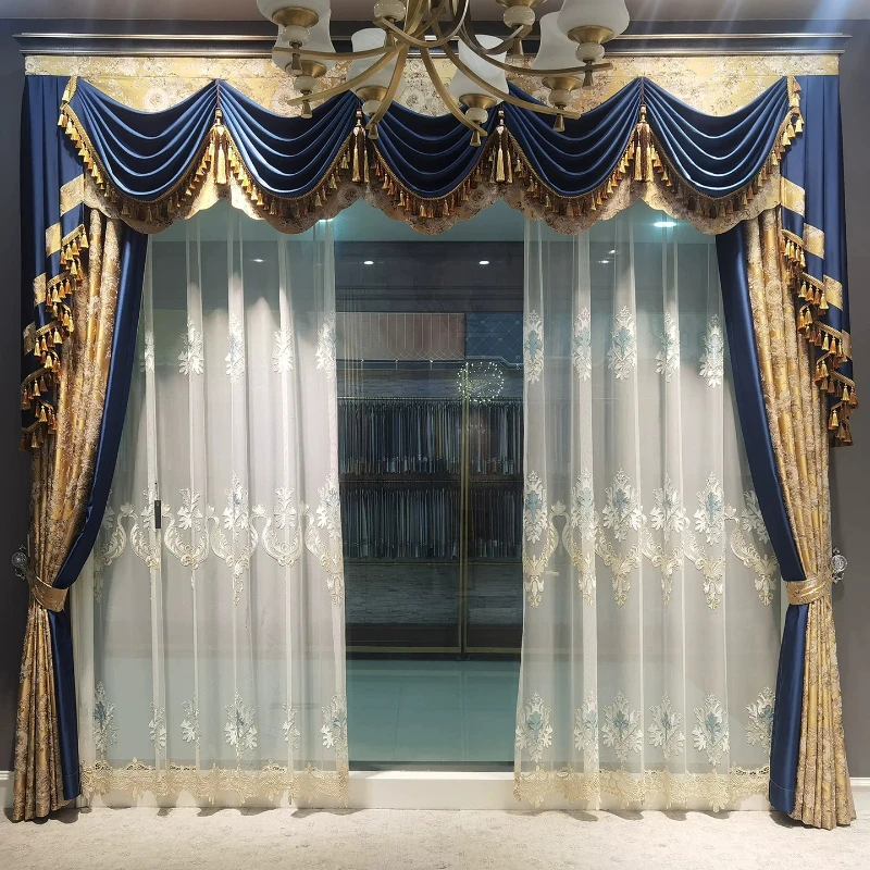 European Gold Hot Stamping Jacquard Splicing Curtains for Living Room Bedroom Partition Curtains Customized Finished Products