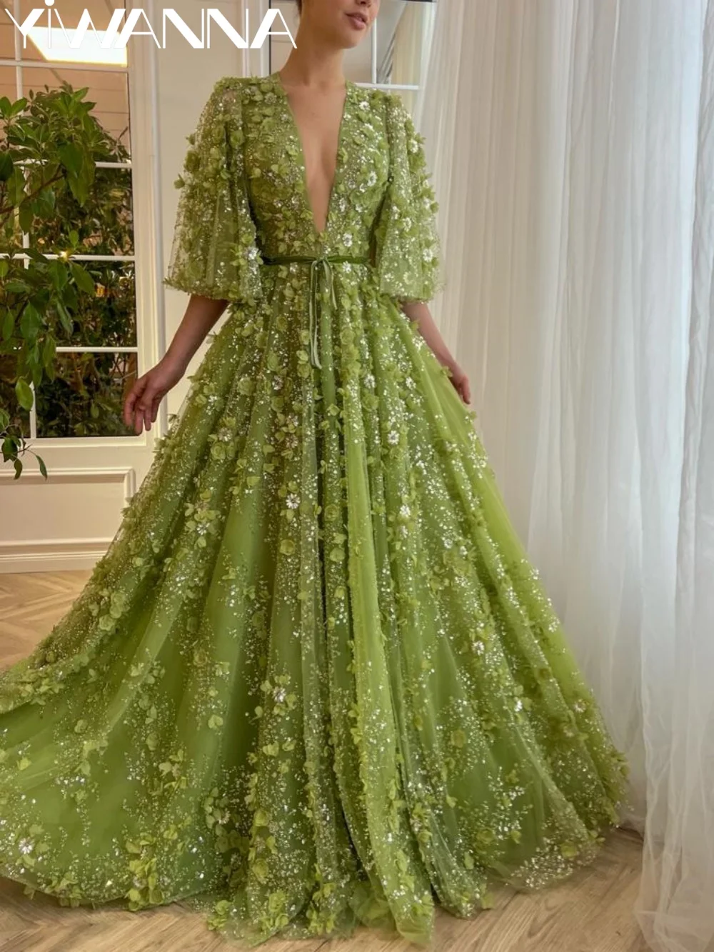 

Green Beaded 3D Floral Evening Dress Luxurious Vneck Half Sleeve Wedding Party Gown Customzied Elegant A-line Gowns For Women