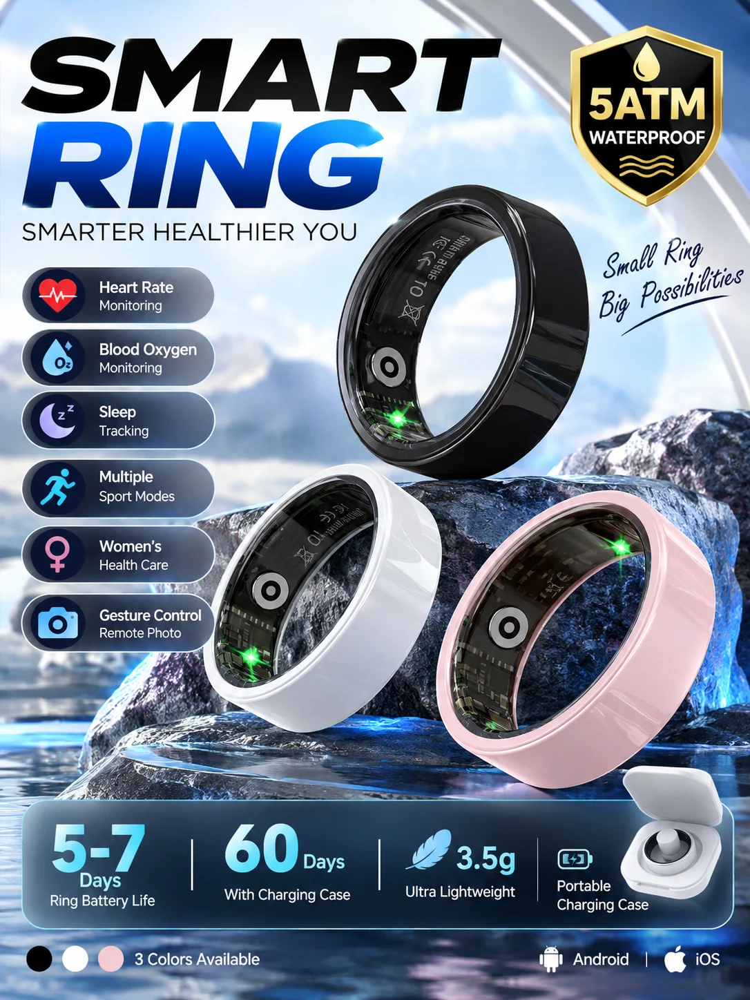 Smart Ring Health Tracker 5ATM Waterproof Heart Rate Blood Oxygen Sleep Monitor Fitness Ring Gesture Control for Android iOS