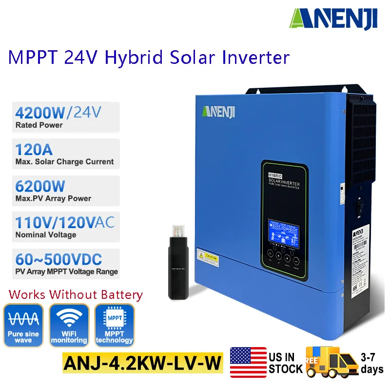 ANENJI 4200W 24V Hybrid Solar Inverter 110VAC/120VAC Off Grid Inverter Pure Sine Inverter With 120A MPPT Solar Charger PV 500V