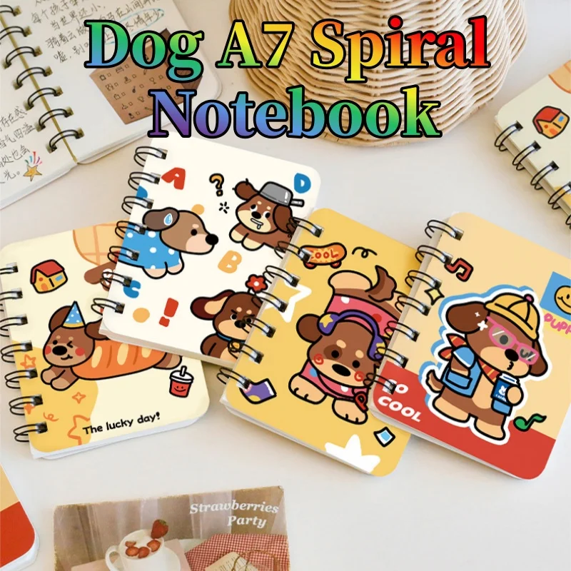 Cuaderno Espiral Portátil A7 con Adorable Perro Salchicha, Páginas en Blanco, Diario de Vocabulario para Estudiantes, Útiles Escolares con Dibujos Animados