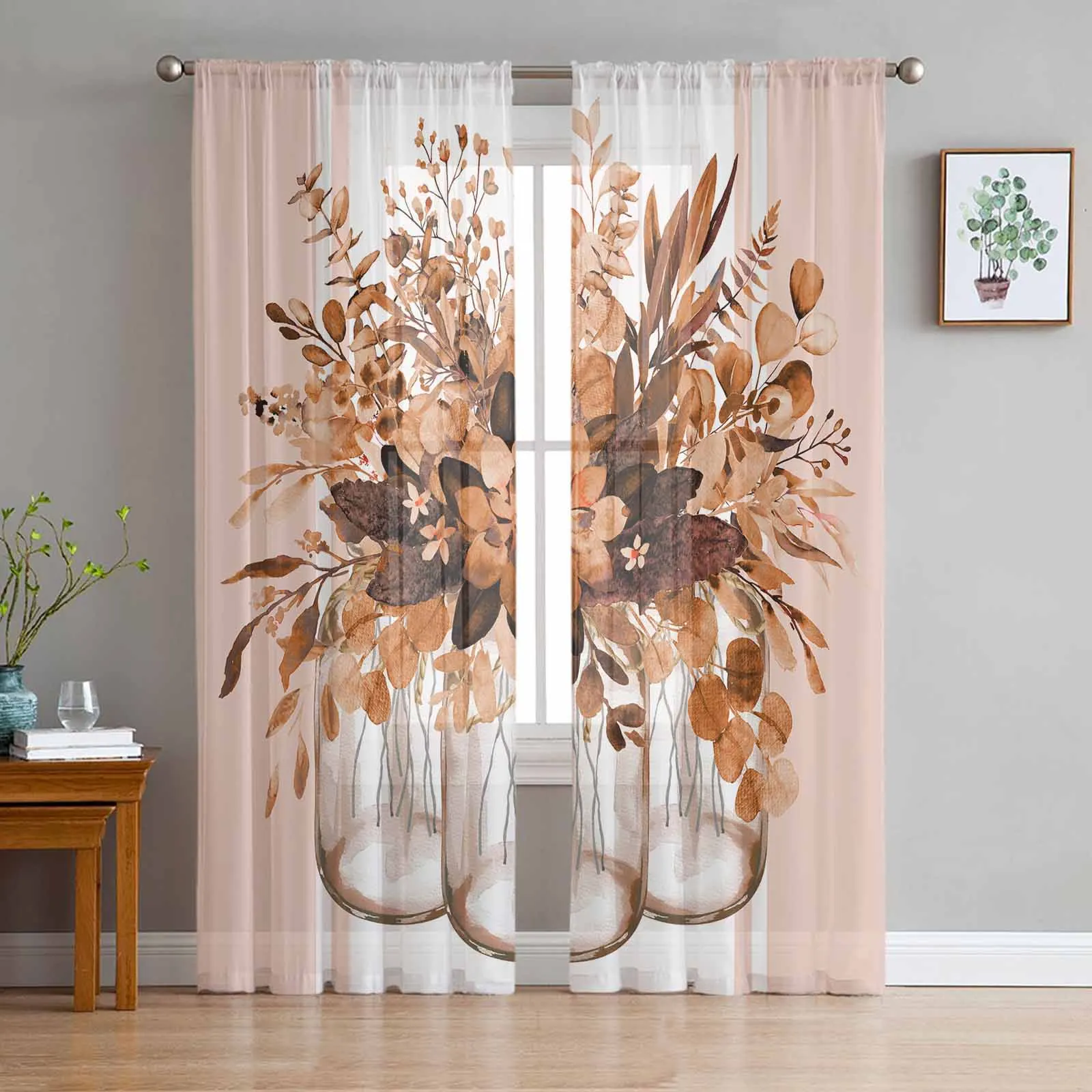 

Spring Eucalyptus Leaves Striped Orange Sheer Curtains for Living Room Tulle Window Curtain Luxury Home Balcony Decor Drapes