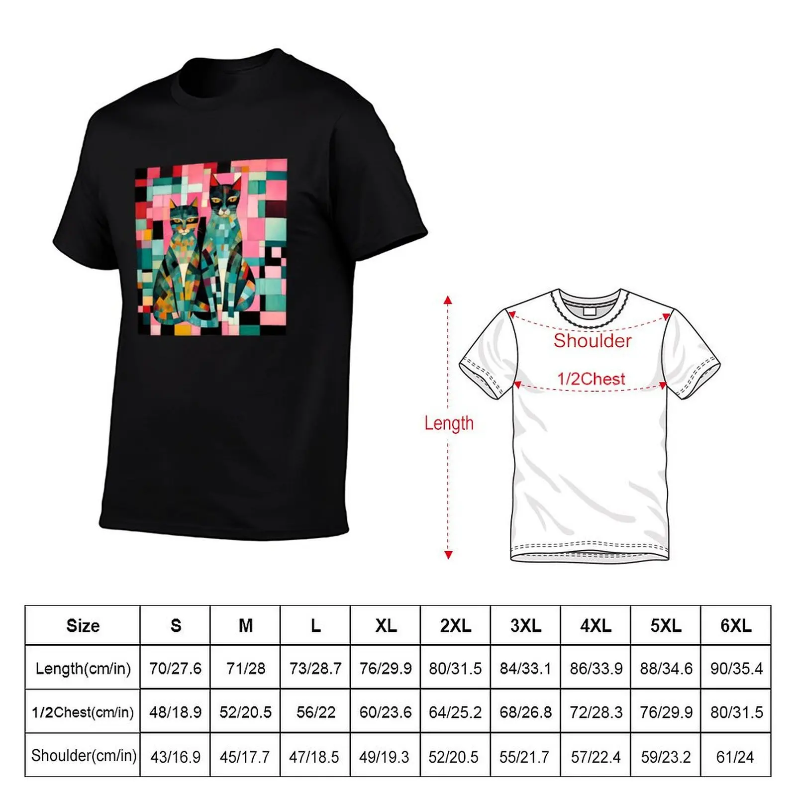 Beautiful cats on a checkerboard background in shades of turquoise and pink. T-Shirt Sports Casual Short Sleeve Cotton Tee