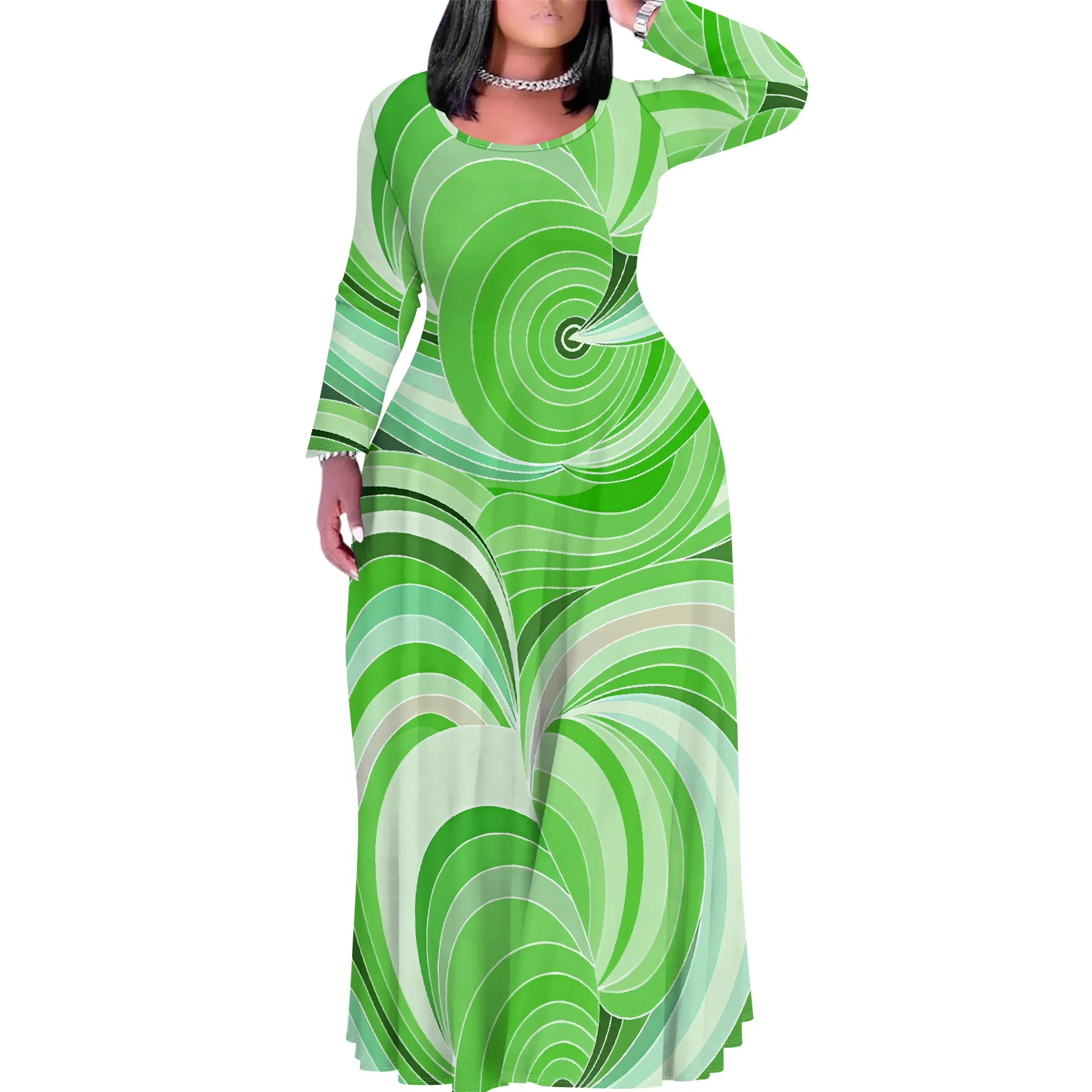 

Women's Summer/Fall Fashion Printed Long Sleeve Splits On Both Sides Maxi Dress Round Neck Long Sleeve Maxi Dress