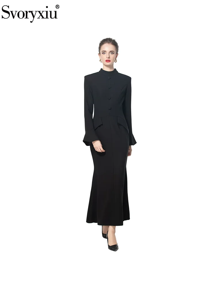 

Svoryxiu Fashion Runway Autumn Elegant Fishtail Dress Women's Stand Collar Button Flounces Sleeve High Waist Fake Pocket Dress