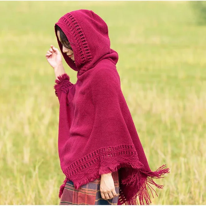 

Spring Autumn New Women Winter Knit Hooded Poncho Cape Crochet Fringed Tassel Shawl Wrap Sweater Even Hat Girls Keep Warm Red