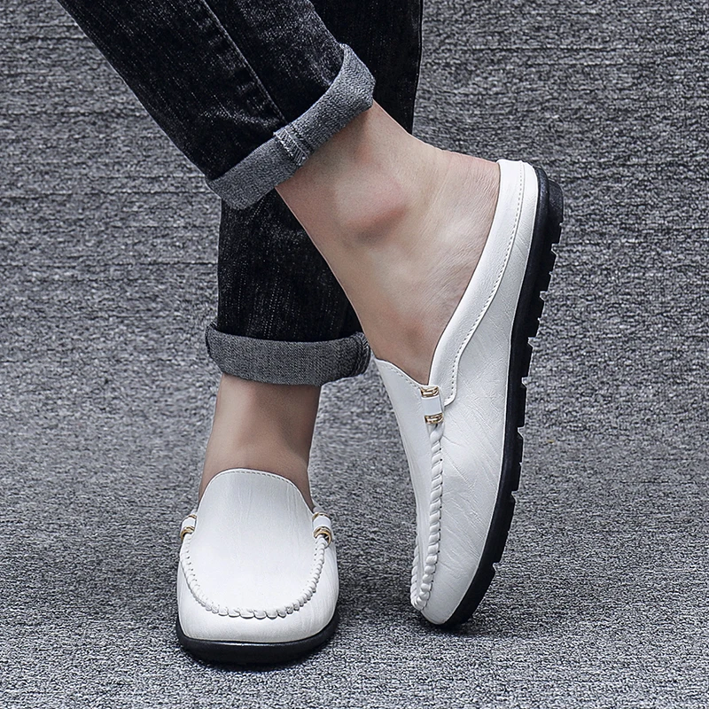 Summer White Half Shoes For Men Dress Shoes Mules Man Slides Leather Casual Shoes Backless Loafers Slippers Flats Sandals 2023