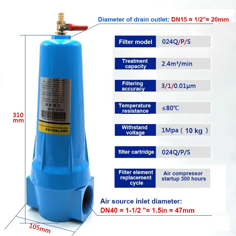 Qps Perslucht Precisie Filter 024 Olie Waterafscheider Luchtcompressor 015 Droger Droog Water