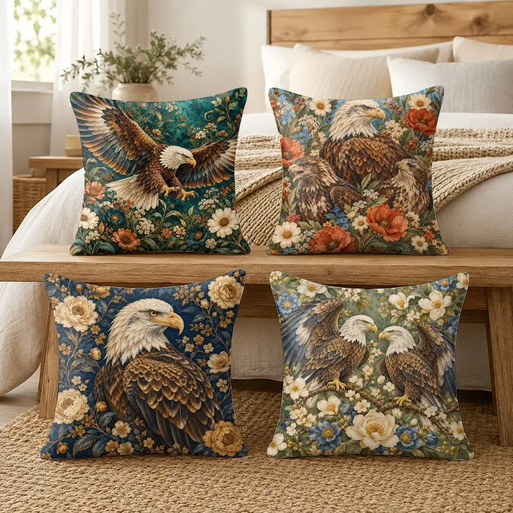 Bald Eagle Vintage Floral Art Cushion Cover Soft Short Plush Pillow Cases Hidden Zipper Cutecore Sofa Bedroom Home Decor Gift