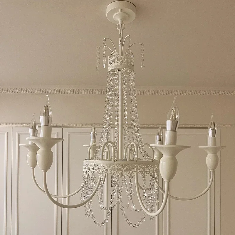 

French Retro Crystal Chandelier Wall Lamp Princess Room Candle Hanging Lamp Bedroom Bedside Lamps Rustic Style Pendant Light