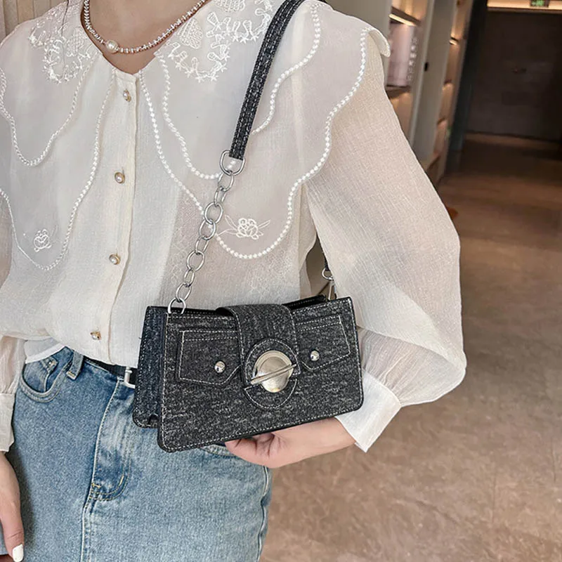 Denim Women Jean Retro Rivet Unisex Metal Buckle Chain Flap Crossbody Bags Handbags Letter Shoulder Shopper Lady Purse