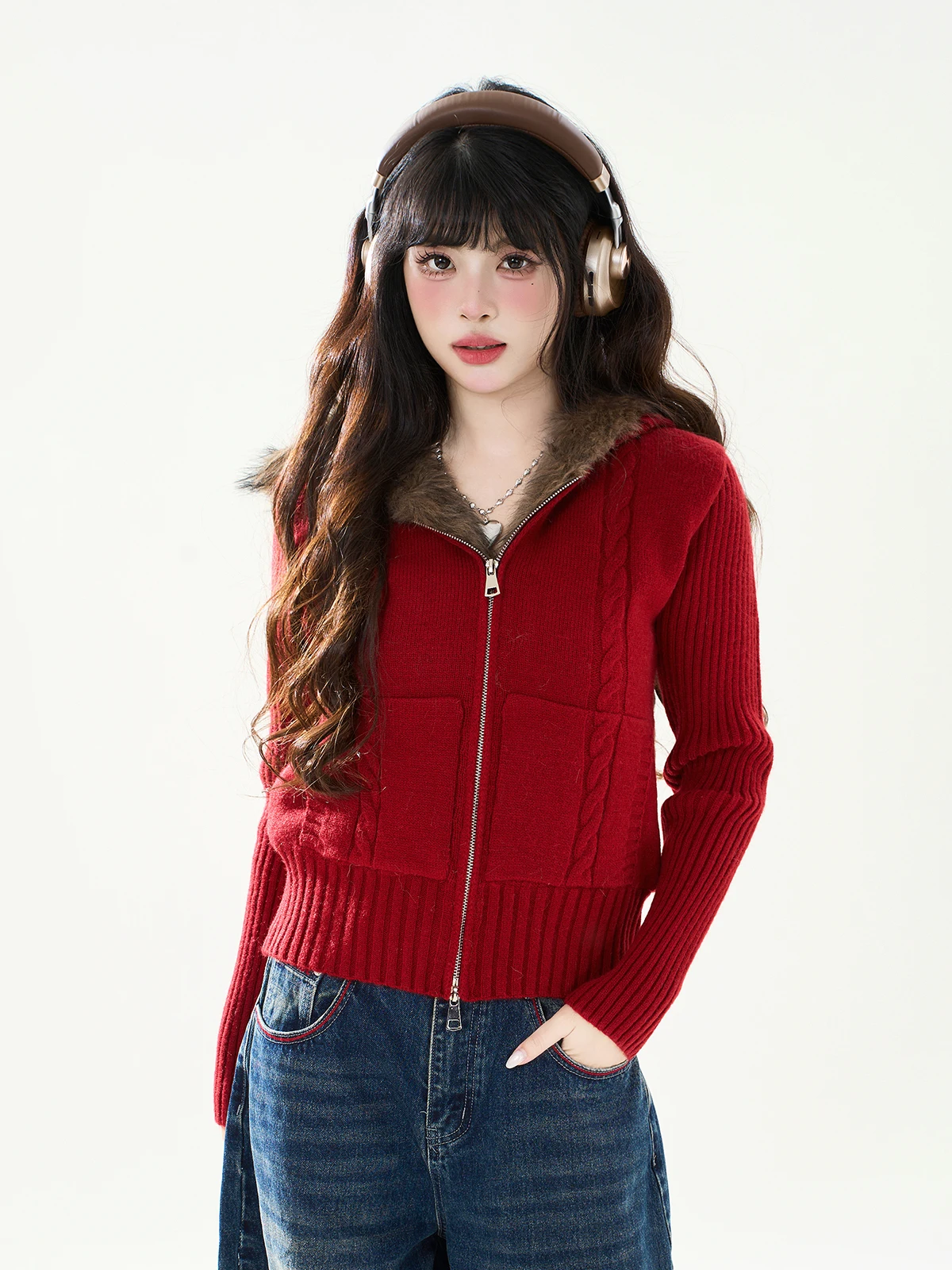 

ENJOG Retro Red Mountain Eagle Knitted Sweater Jaet Women's Casual Chic Hooded Knitwear ort Length Zipper Closure Long Sl...