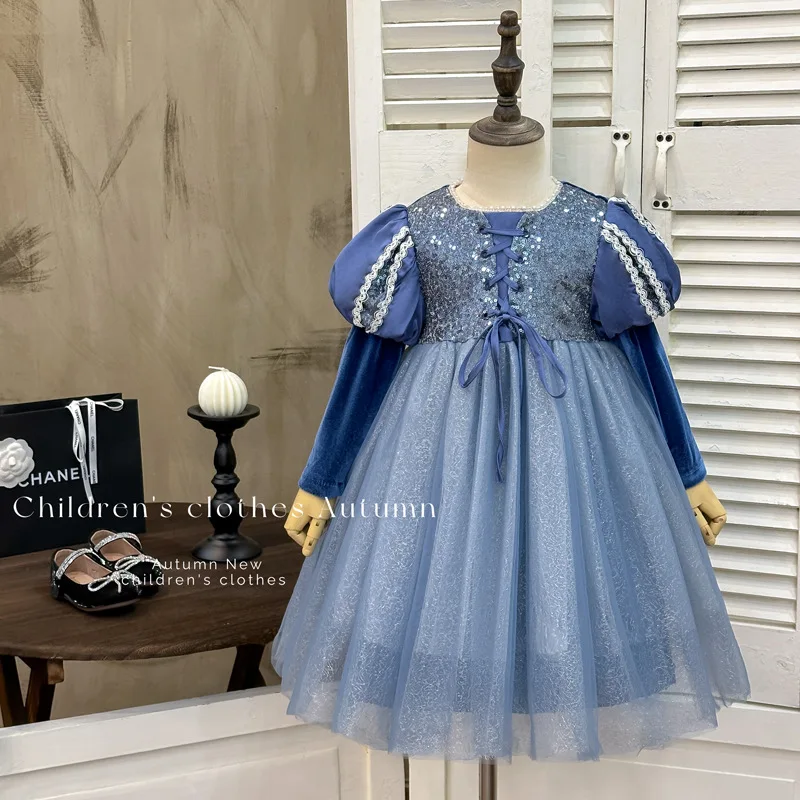 

Girls' Dress2025Autumn New Fashionable Sequin Puffy Dress High-End Heavy Craft Princess Dress Host Dress