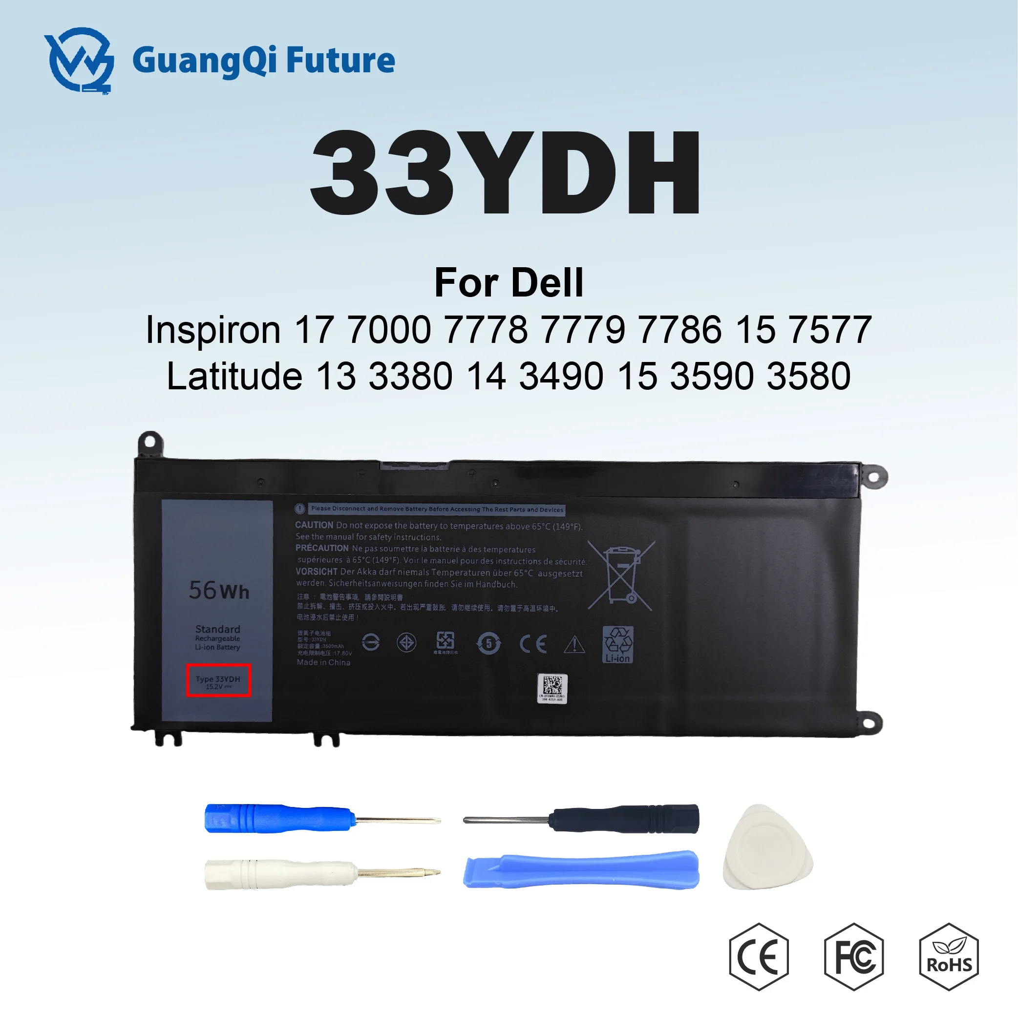 Battery 33YDH 56Wh For Dell Inspiron G3 3579 3779 G5 5587 G7 7588 17 7000 7778 7779 7786 15 7577 Latitude 13 3380 14 3490 15 359