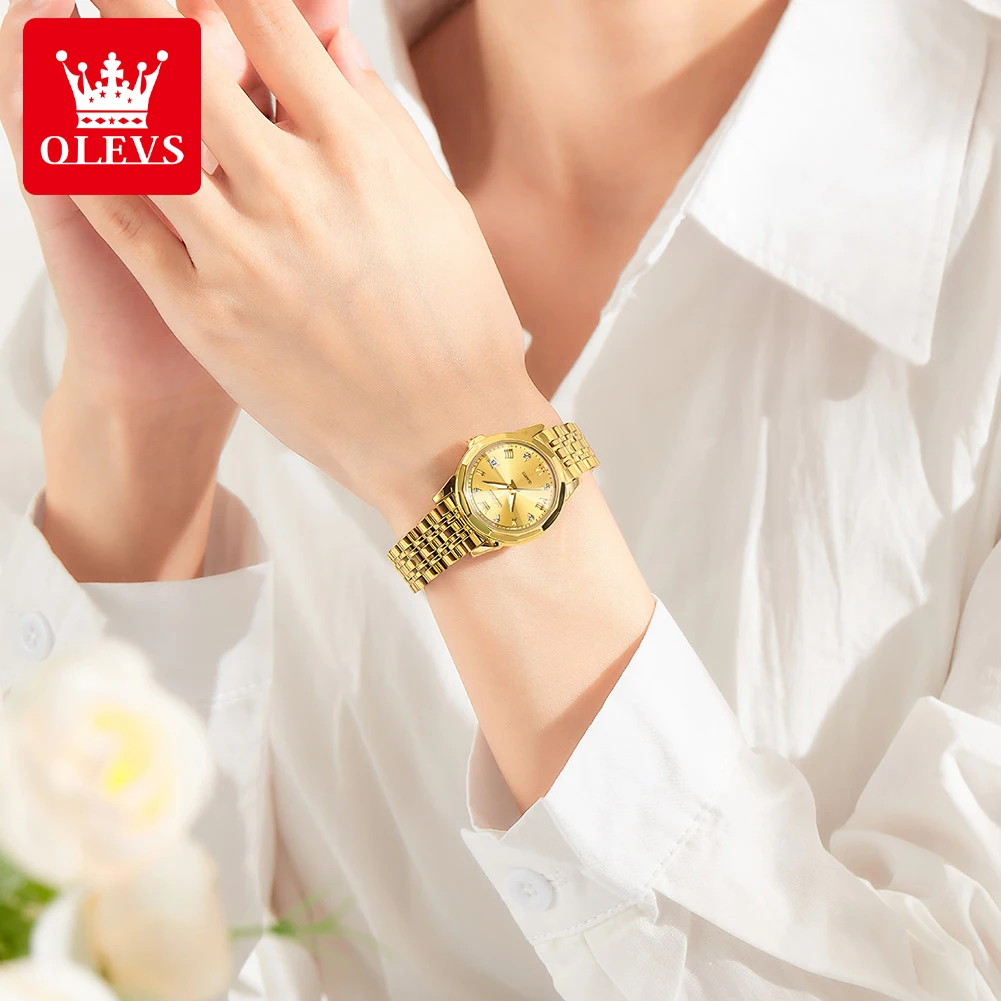 OLEVS-Montre à quartz en diamant pour femme, montre-bracelet élégante, étanche, acier inoxydable, calendrier à l'échelle romaine, luxe, 9931