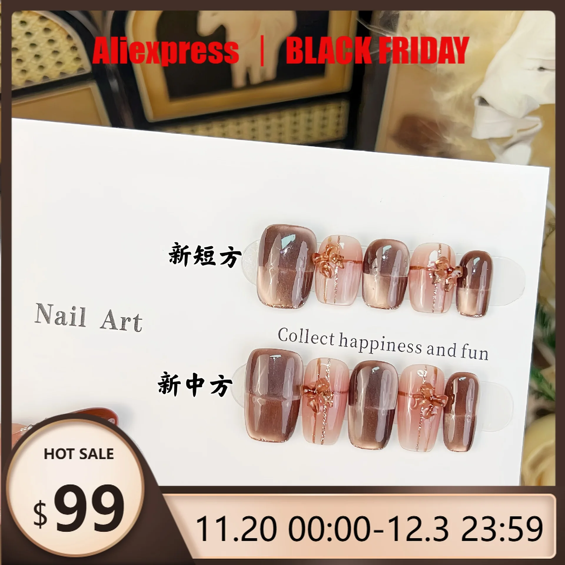 

10pcs Handmade Press on Nails Space Cat Eye Autumn/Winter False Nail Short Checkered Bow Full Coverage Nail Tips for Women&Girl