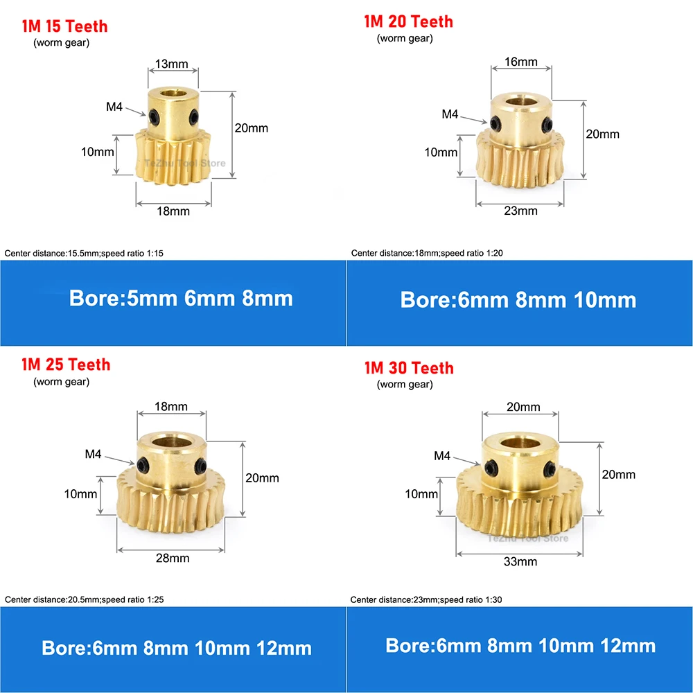 1Pcs 1M 15T-60T Brass Worm Gear Wheel Stainless Steel Worm Rod 1 Modulus 15 Teeth-60 Teeth Worm Gear Bore 5/6/8/10/12mm