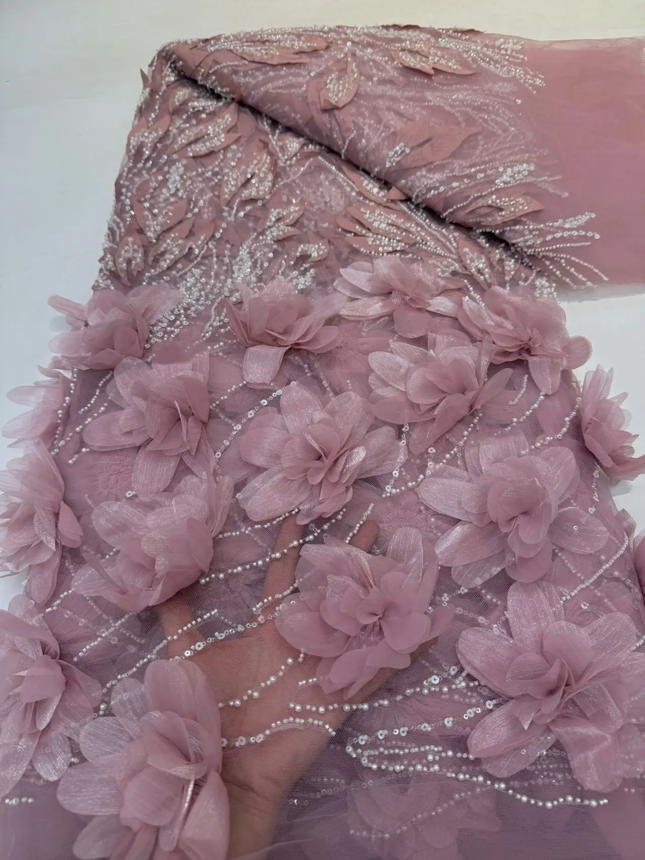 

2026 African Nigerian High-Quality Sequins Embroidery Tulle Lace Fabric Sewing Beads Stone for Prom Dresses 5Yards JY505