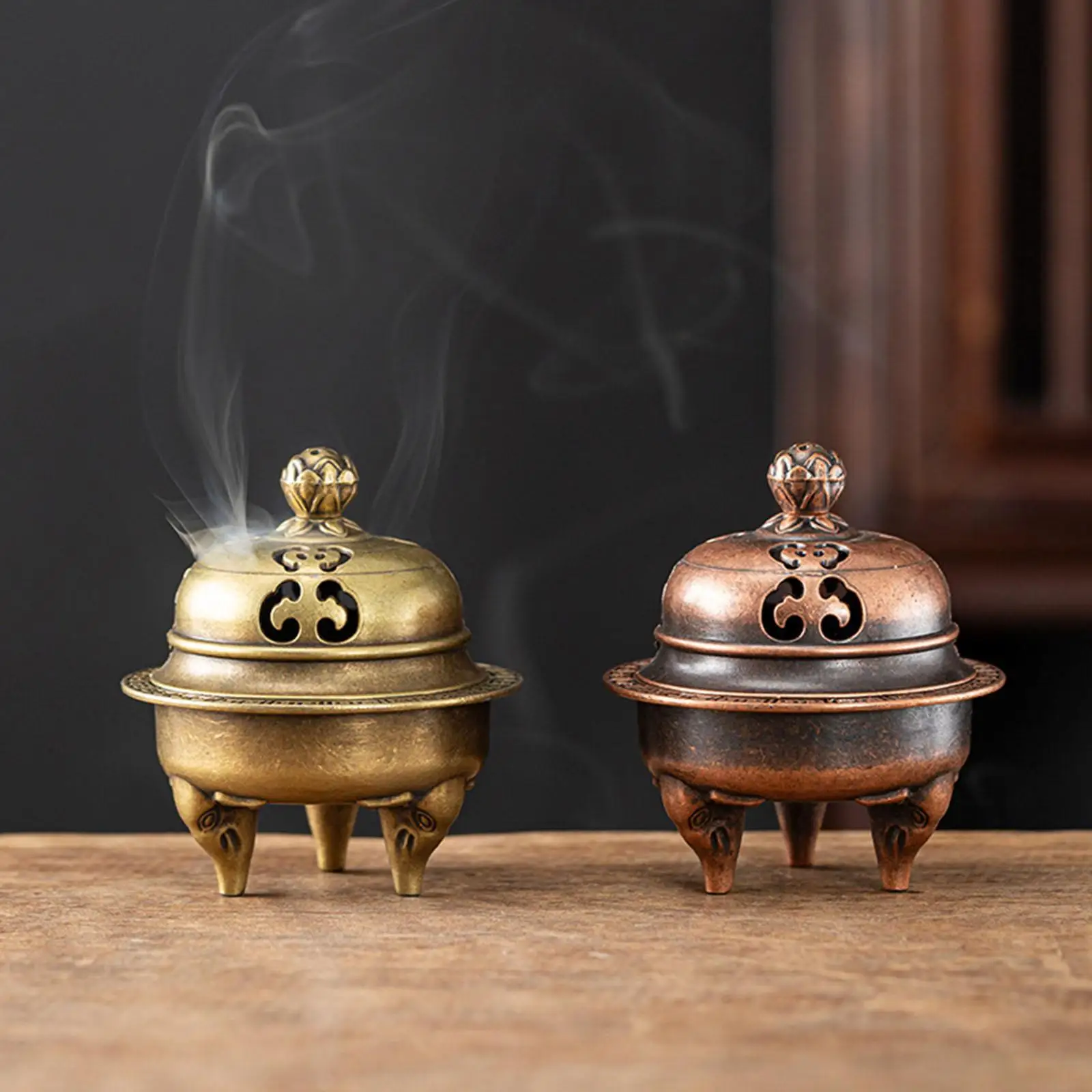 Incense Burner Incense Holder Elephant Foot Lotus Design Hollowed Out Round Metal Small for Tea House Home Bedroom Decoration