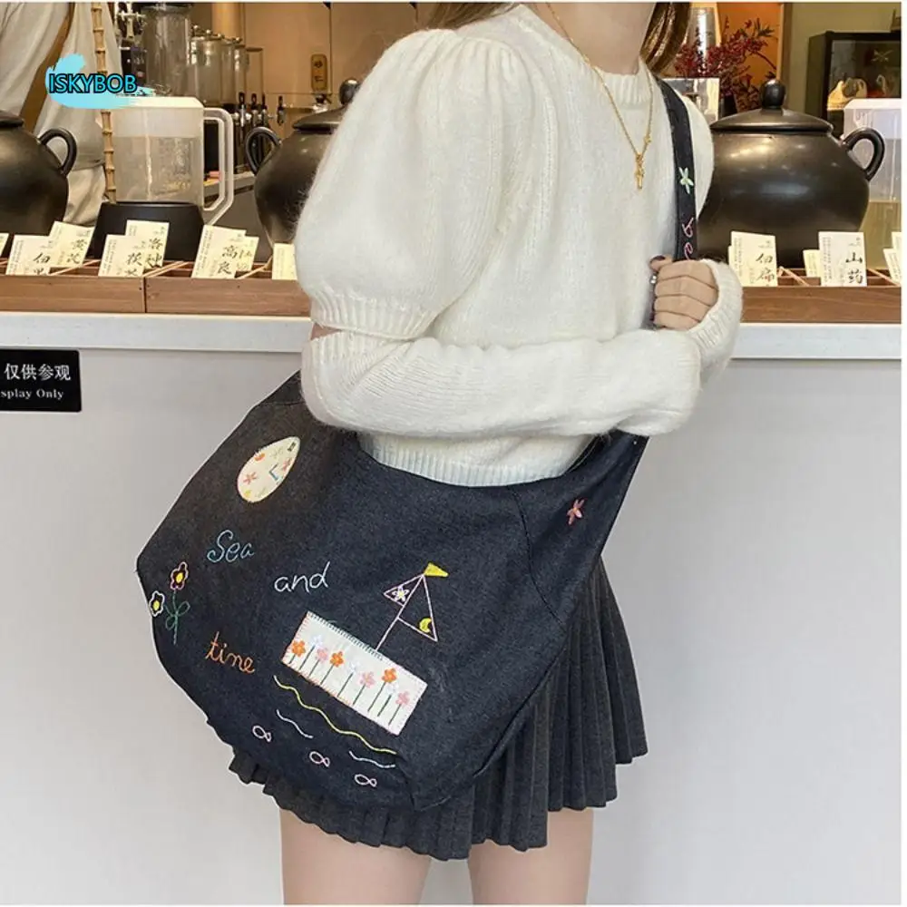 

Cloth Denim Canvas Bag Korean Style Retro Cartoon Pattern Shoulder Bag Handbag Large Capacity Embroidery Tote Bag Outdoor