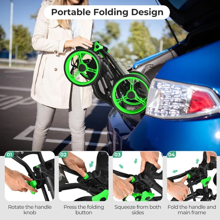 عربة دفع جولف قابلة للطي ذات 4 عجلات لسهولة المشي على الدورات تتميز بأشرطة مرنة ومظلة وحامل أكواب وتخزين لوحة النتائج L