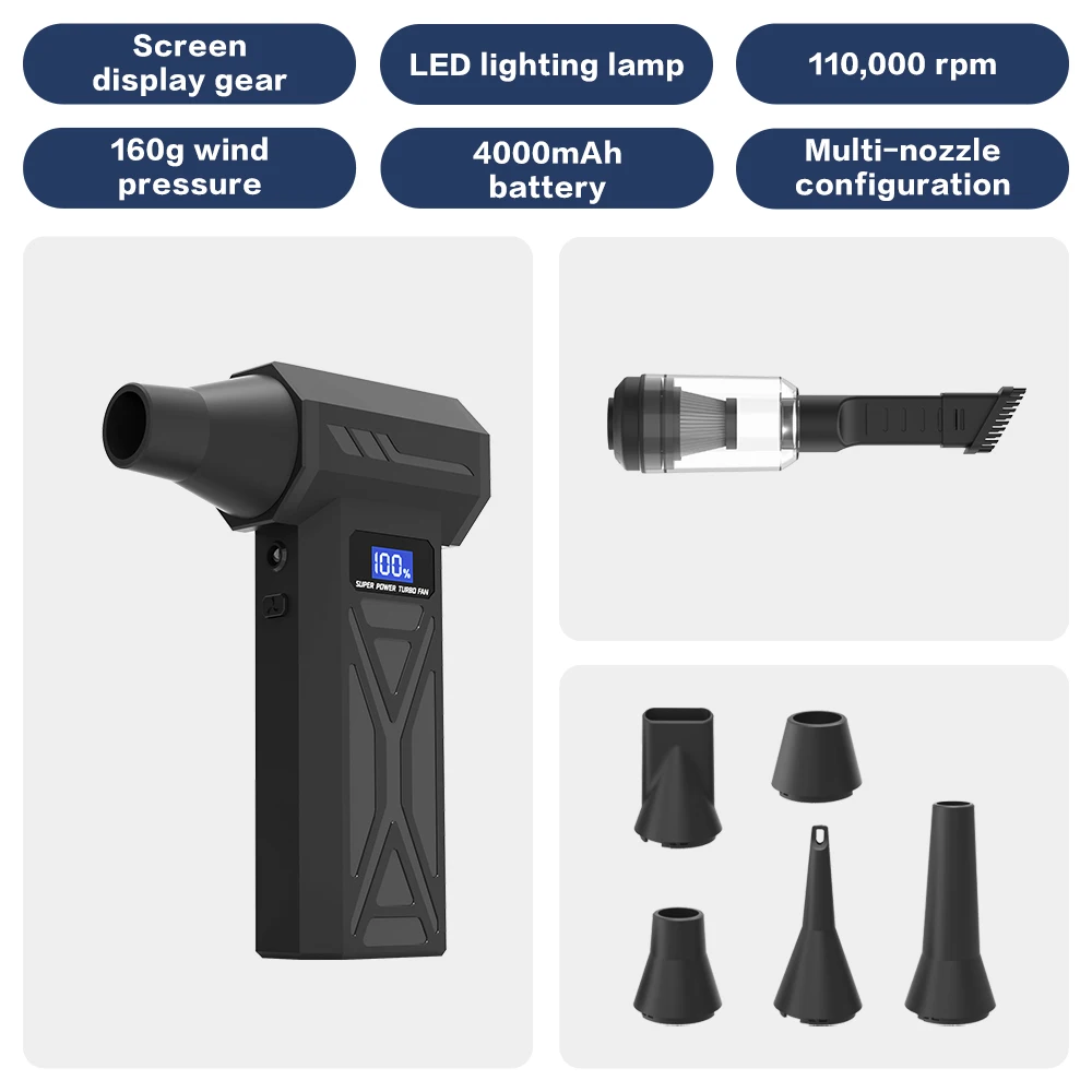 P70 مروحة توربو عنيفة عالية السرعة 4000 مللي أمبير في الساعة 110000 دورة في الدقيقة مكنسة كهربائية محمولة باليد جهاز إقلاع الغبار 4 سرعات للمنزل والسيارة