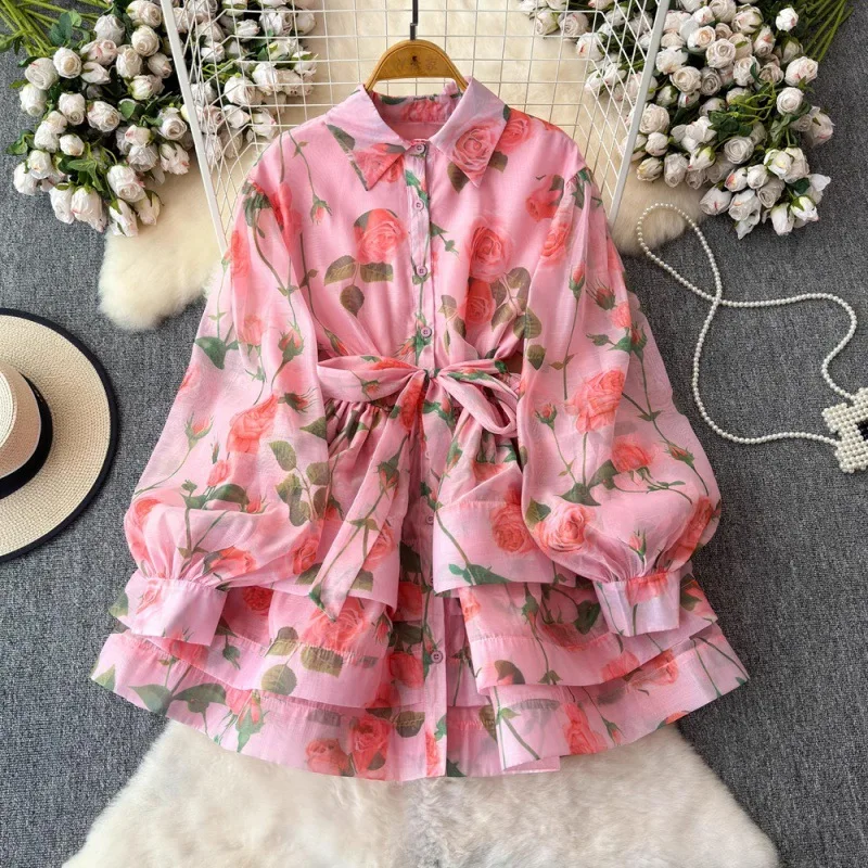 Women's Lace-up Print Elegant French Vintage 2026 Short Shirt Dress Cake Skirt Waist Ruffle Edge Summer Temperament Commuting