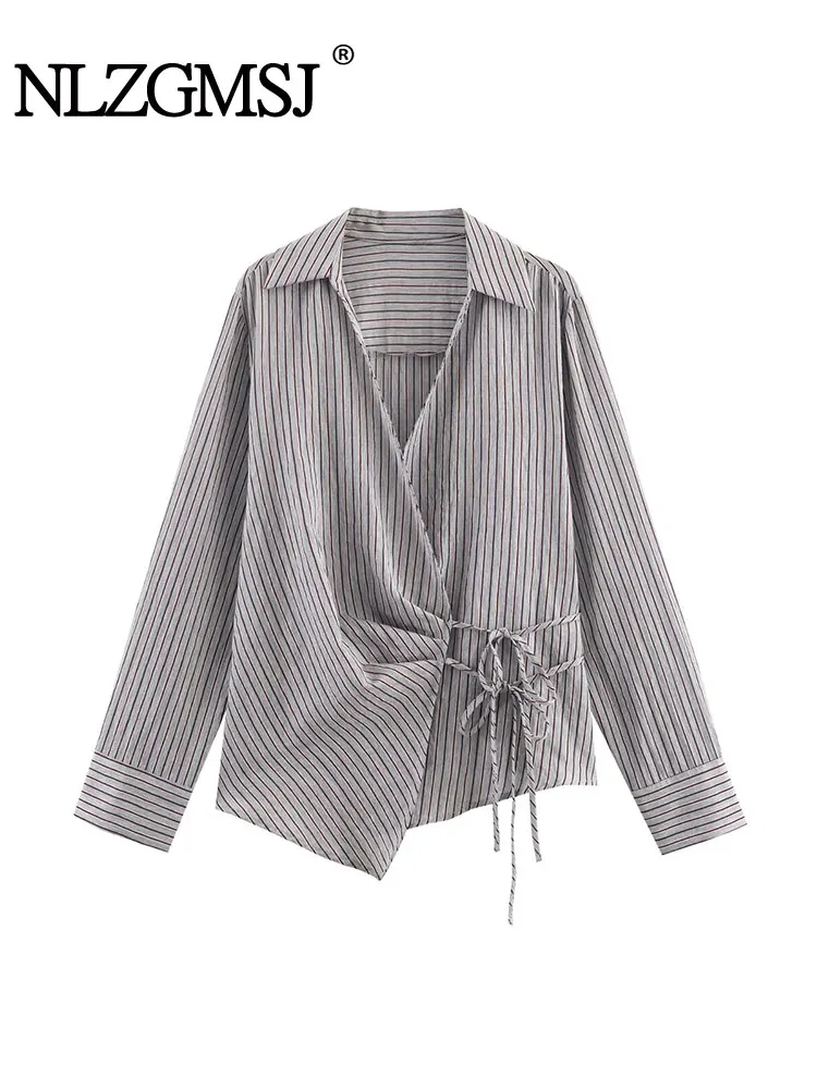 

NLZGMSJ Vintage Casual Chic Women Blouse V Neck Long Sleeves Knotted Blouse New Fashion 2026 Spring Summer Holiday Shirts
