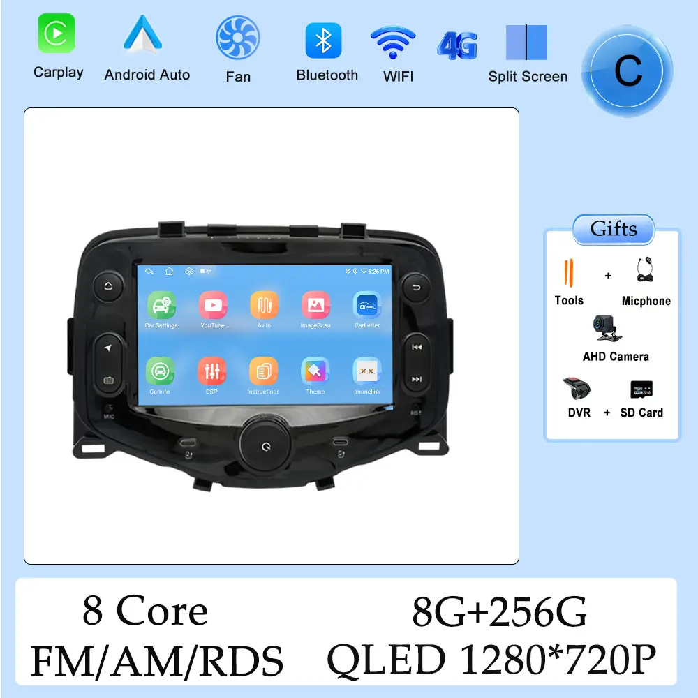 Carplay HD Scherm Autoradio Multimedia Speler voor Toyota Aygo Peugeot 108 voor Citroen C1 2014 - 2021 DSP Stereo GPS Navi WIFI