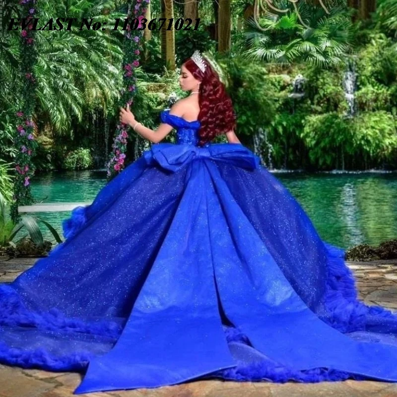 EVLAST-Robe de RhQuinceanera bleu royal mexicaine, appliques en dentelle, nœud perlé, à plusieurs niveaux, Sweet 16 VestiEducational De XV 15 Anos SQ50