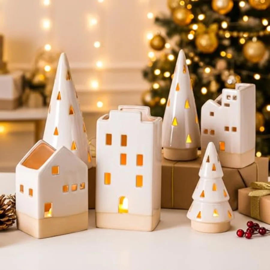 Juego de 6 Adornos Navideños de Cerámica, de 4.4 a 9.4 Pulgadas, Portavelas Blancos con Forma de Árbol de Navidad y Casas para Velas de Té