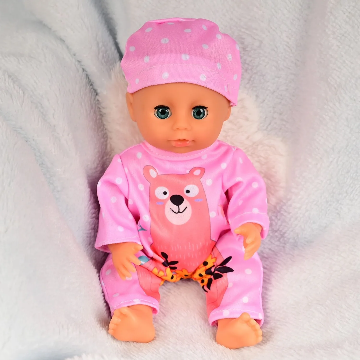 

9 Inch Realistic Soft Baby Doll with Poseable Limbs | Expressive Open/Close Eyes | Pink Bear Jumpsuit & Hat | Toddler Boy/Girl P