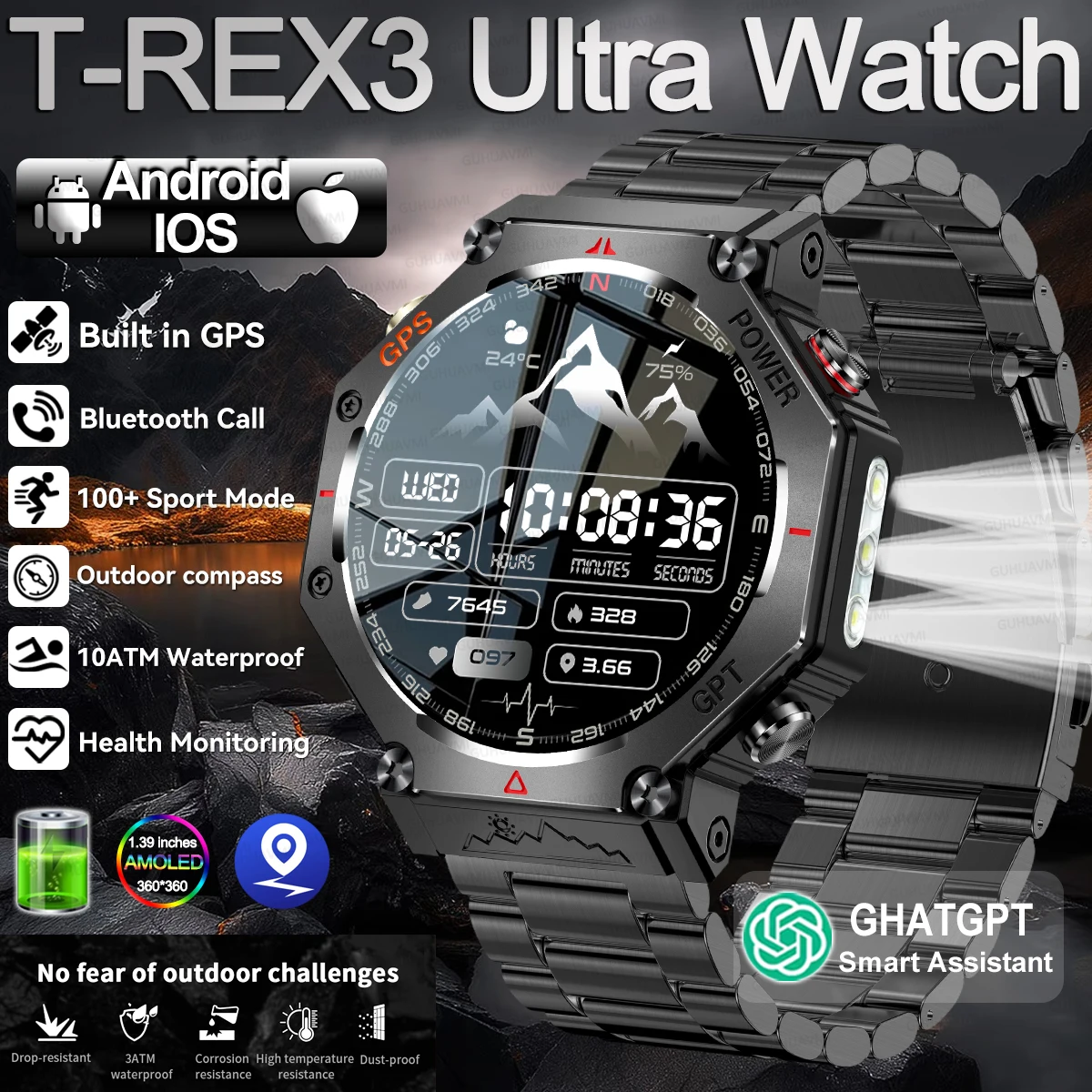 

НОВЫЕ ГОРЯЧИЕ военные смарт-часы T-Rex 3, встроенный GPS-компас, высотомер, барометрический 10 АТМ, водонепроницаемый HD Bluetooth-браслет для вызова, мужской