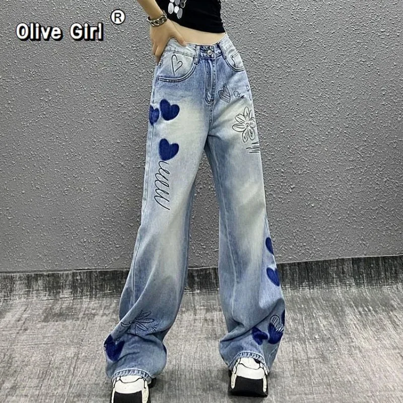 Olivegirl Denim Jeans 2026 Spring High Waisted Trousers Straight Wide Leg Pants Women's Pant Hand-painted Print Drape Jeans