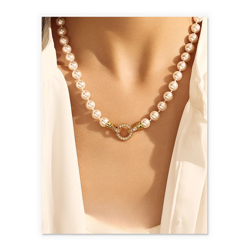 

European and American simple fever with the same imitation Shijia pearl zircon buckle necklace necklace necklace