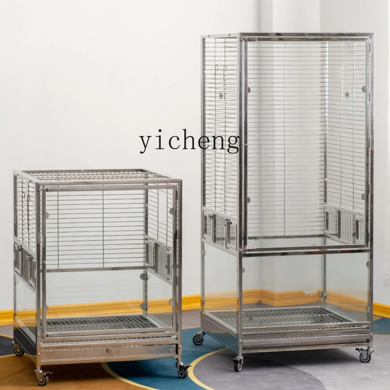 Zc Pet Parrot Cage Panoramic Glass Transparent Viewing 304 Stainless Steel Bird Cage Household