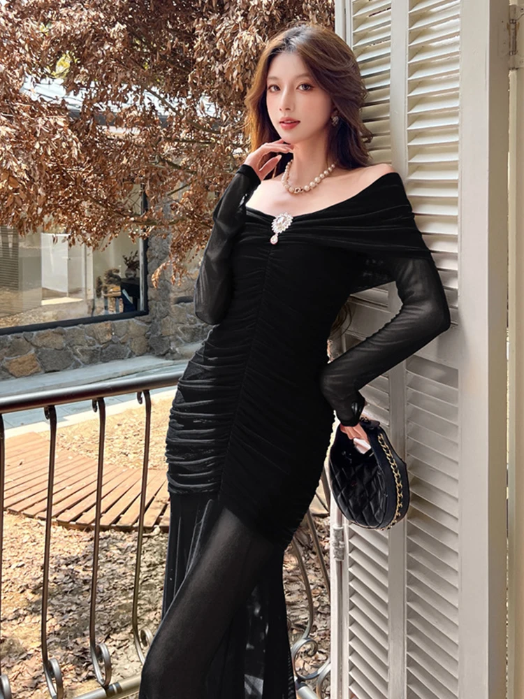 Femmes vêtements soirée rouge maille pure Sexy épaules dénudées maigre longue Robe élégante dame mode fête robes Robe de noël nouveau