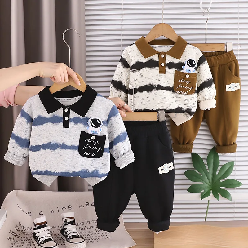 Autumn New Baby Boy Fashion Long-sleeved Suit Baby Boy Foreign Style Long-sleeved Astronaut Striped Two-piece Set