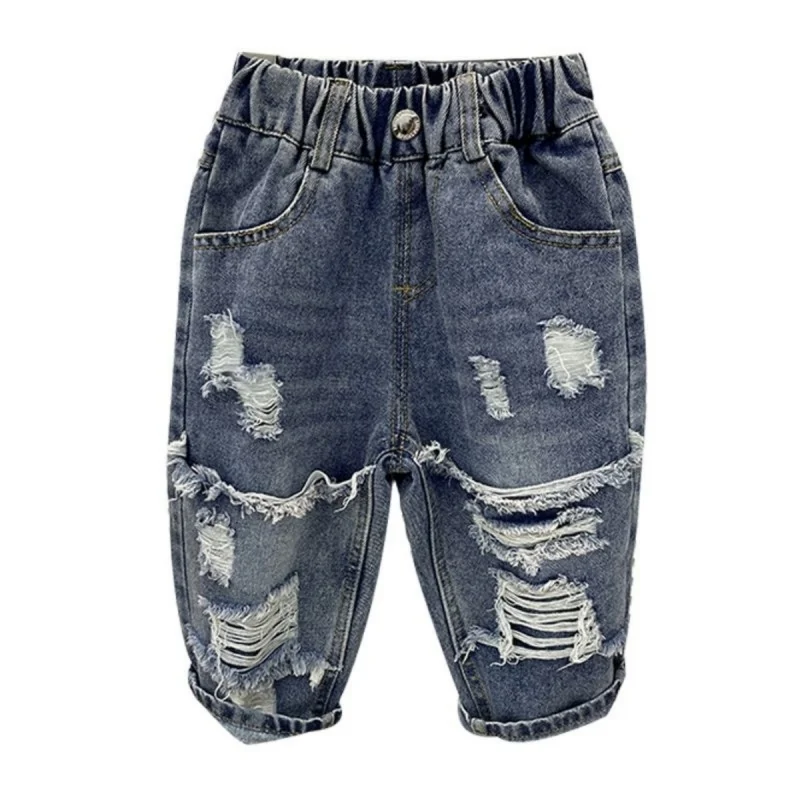 2025年春と秋の子供用パンツ、男の子用ダメージジーンズ、薄手の夏用ベビーパンツ、子供服、子供用ズボン、ジーンズ