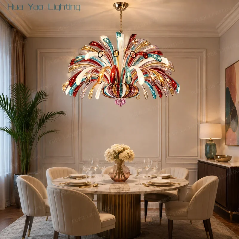 Colorful Crystal Glass Chandelier Murano Style Luxury Vintage Hanging Light For Villa High Ceiling Lamp Living Dining Decor