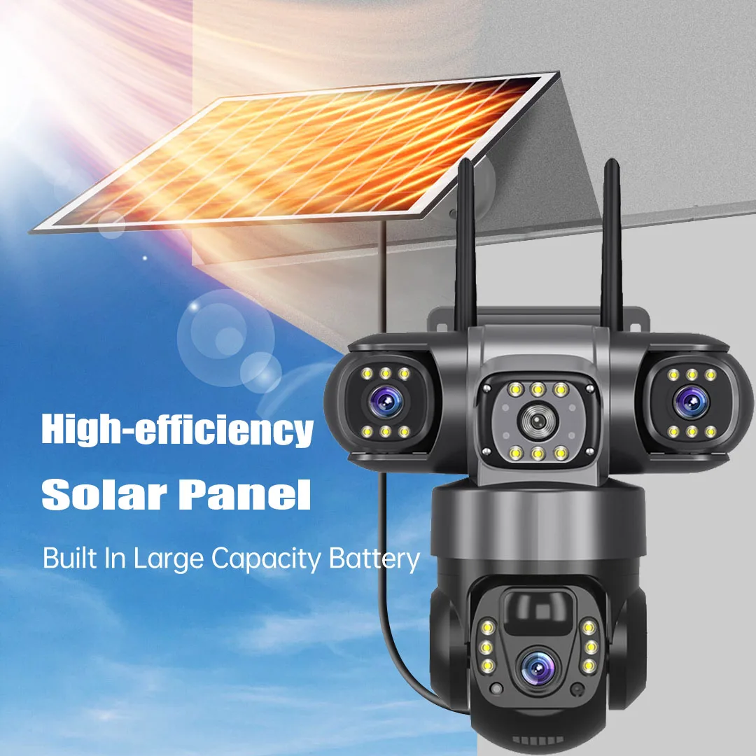 Telecamera solare 4G a tre obiettivi con scheda SIM Batteria esterna da 12 MP Monitor video con rilevamento del movimento PIR Sorveglianza a tre schermi 6K