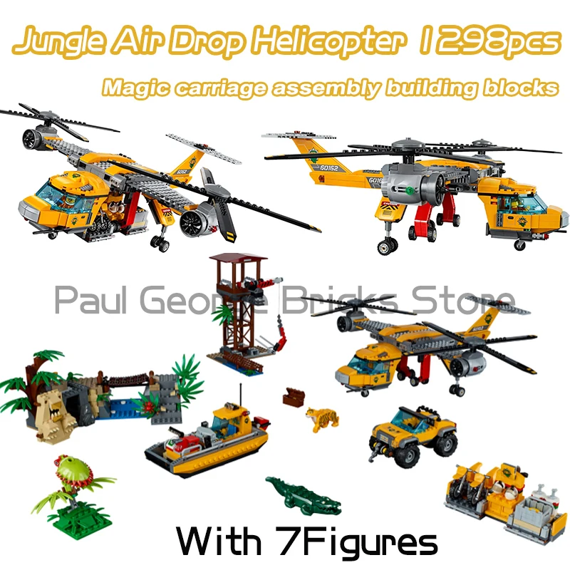 In Stock City Series Jungle Air Drop Helicopter Building Blocks Compatible 60162 Exploration Site Bricks Toys For Boys Kid Gifts